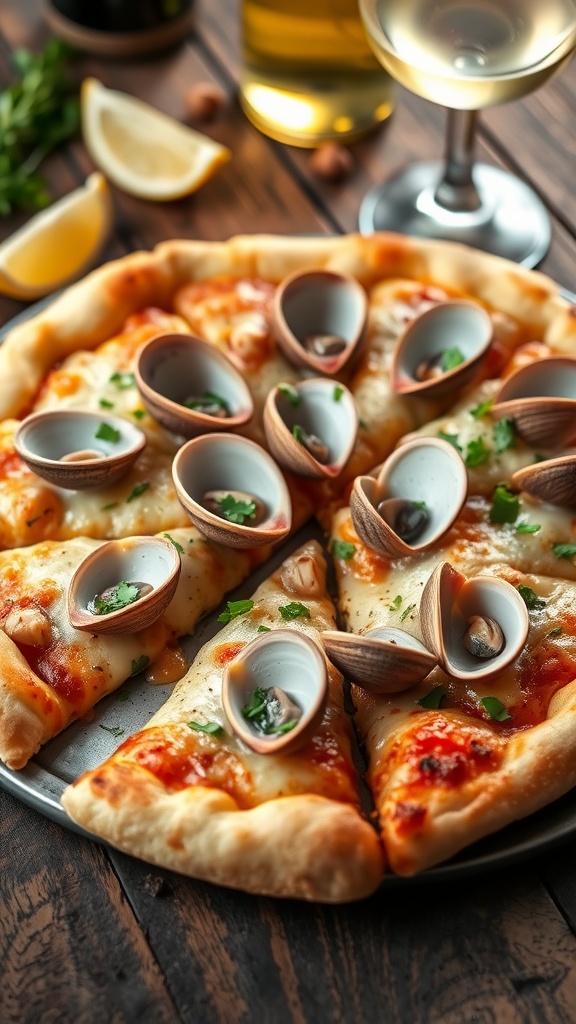A delicious clam pizza with cheese and clams, garnished with parsley, on a wooden table with lemon and wine.